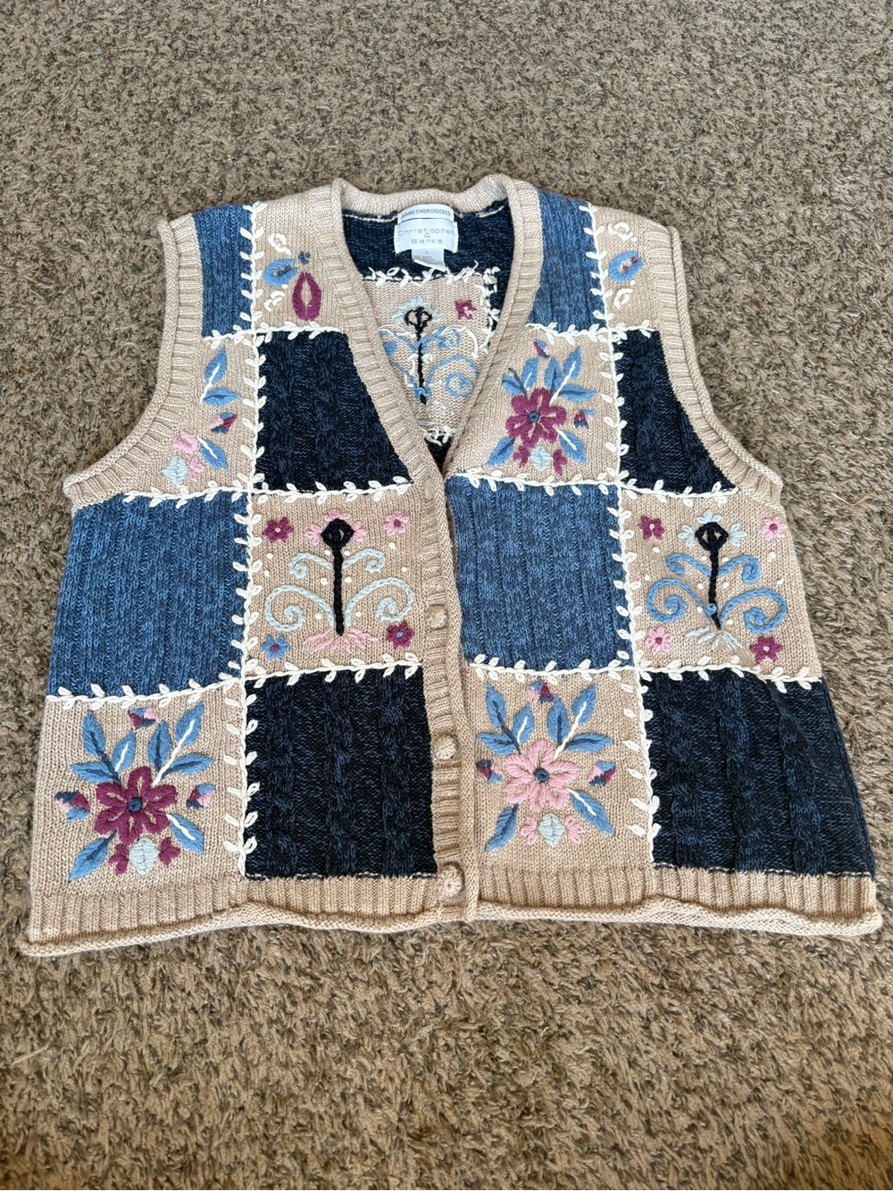 Christopher & Banks VTG Beige, Navy & Blue Embroidered Patchwork Vest